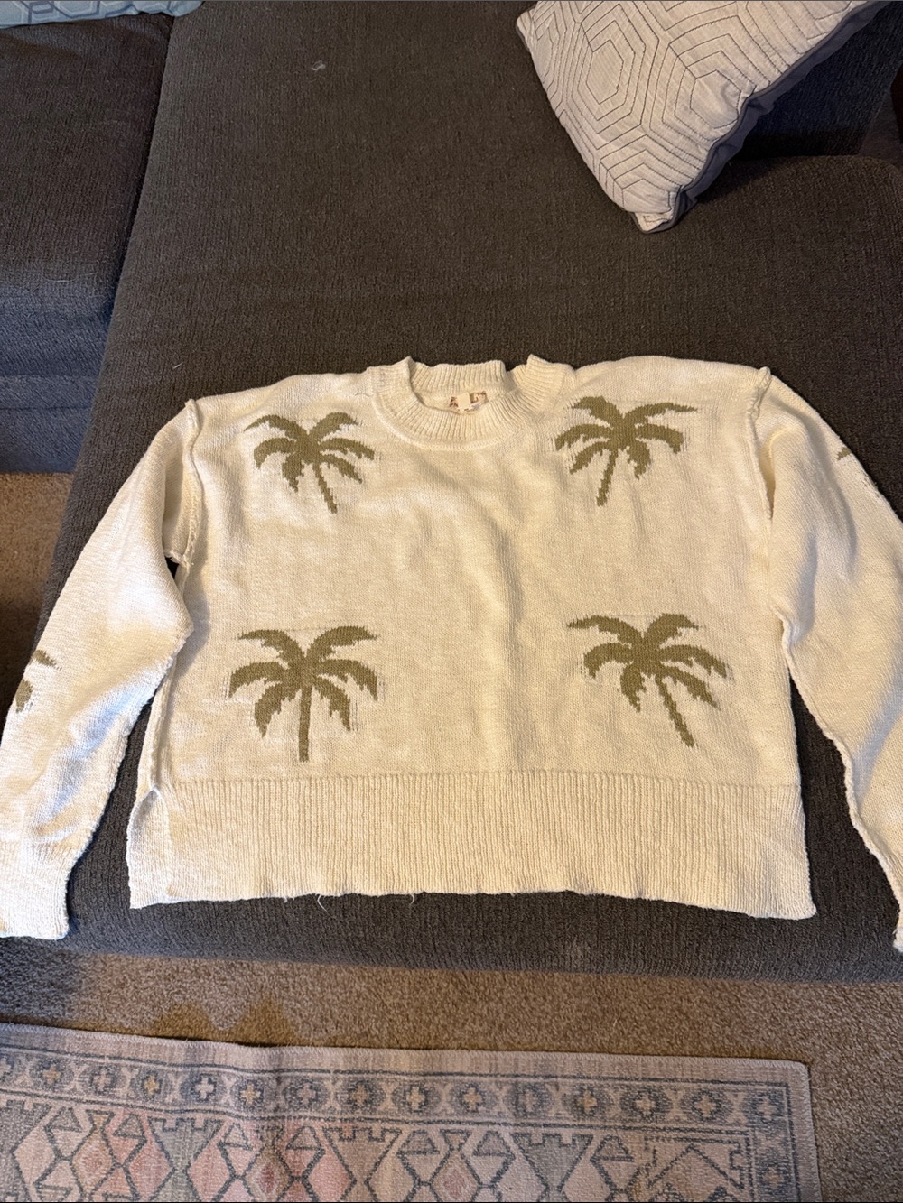 Hem & Thread Cream Crewneck Sweater with Olive Palm Motif